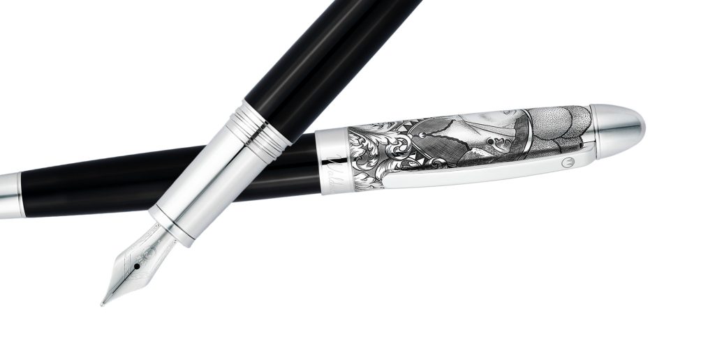 Waldmann Legacy One fountain pen with black barrel, sterling silver trim, engraved cap, and stainless steel nib.