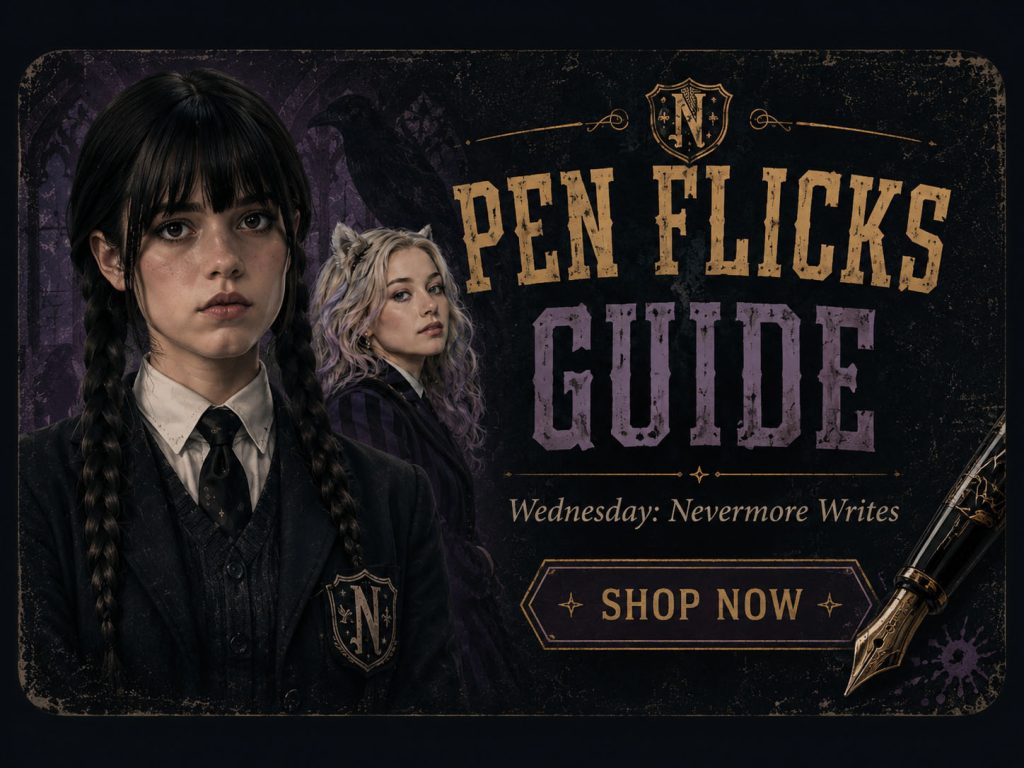 Wednesday Pen Flicks Guide teaser graphic with gothic academy characters, Nevermore Writes subtitle, and a dark fountain pen accent.
