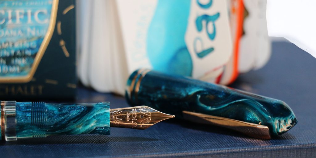 Gioia x Van Dieman's World Oceans Box Set: Pacific Metis fountain pen featured with stunning Jonathan Brooks resin inspired by the Pacific ocean.