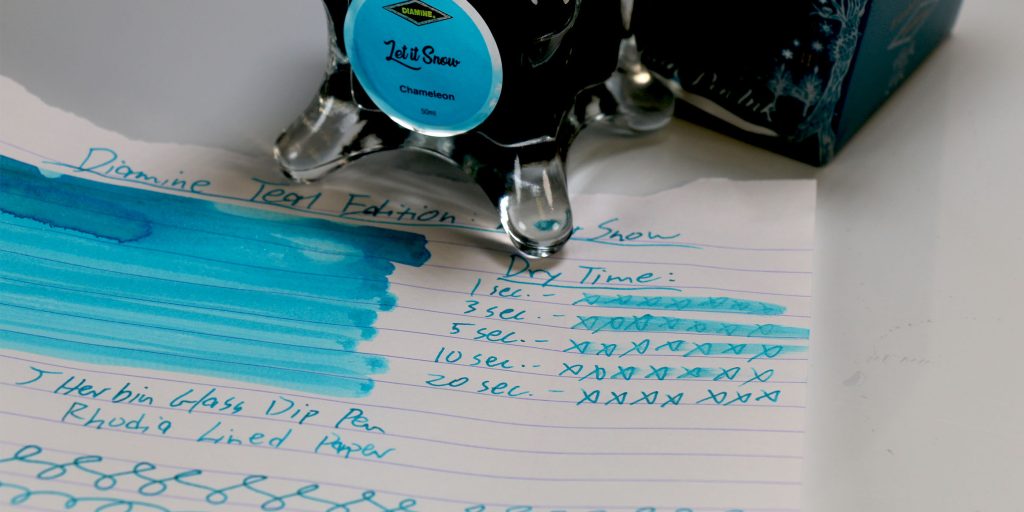 Diamine Let It Snow turquoise ink dry time test on Rhodia paper