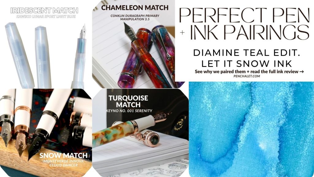 Diamine Let It Snow ink perfect pen pairings with Kaweco, Conklin, Monteverde, and Keyno fountain pens