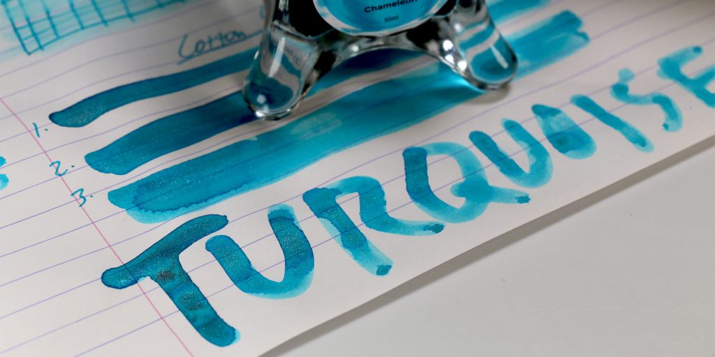 Diamine Let It Snow turquoise fountain pen ink swab showing blue chameleon shimmer
