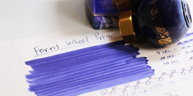 Ferris Wheel Press Twilight Symphony ink review showing violet indigo fountain pen ink with blue chameleon shimmer in Ferris Wheel Press's very first water resistant shimmer fountain pen ink.