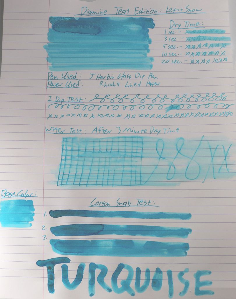 Diamine Let It Snow ink review test results showing turquoise ink, dry time, water test, and writing samples