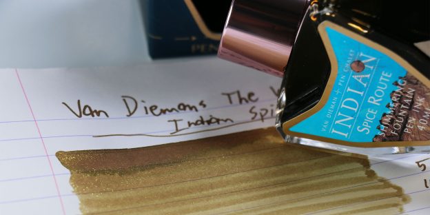 Van Dieman's World Oceans Indian Spice Route fountain pen ink review with ink bottle beside cotton swab ink swatch.