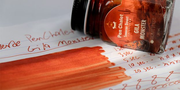 Monteverde Gila Monster ink review swatch and some test results along with the glass 30ml fountain pen ink bottle.