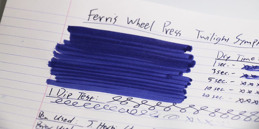 Twilight Symphony ink review close-up showing violet swatch, dry time test, and 1-Dip Test