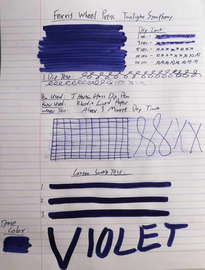 Ferris Wheel Press Twilight Symphony ink review test results showing violet ink, dry time, water test, and writing samples