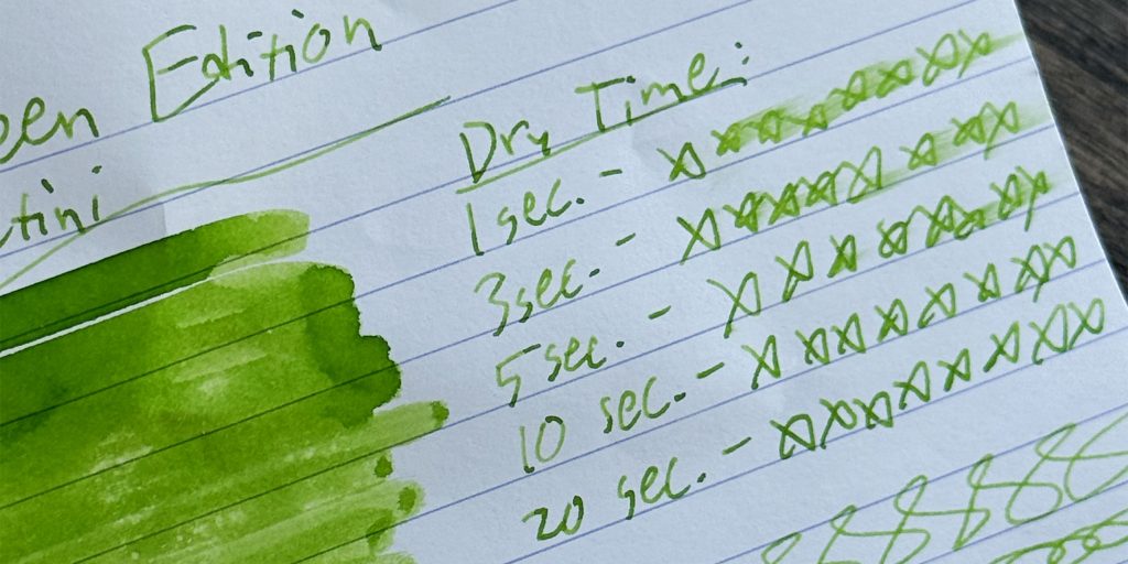 Handwritten Diamine Appletini ink drying test showing results at 1, 3, 5, 10, and 20 seconds.