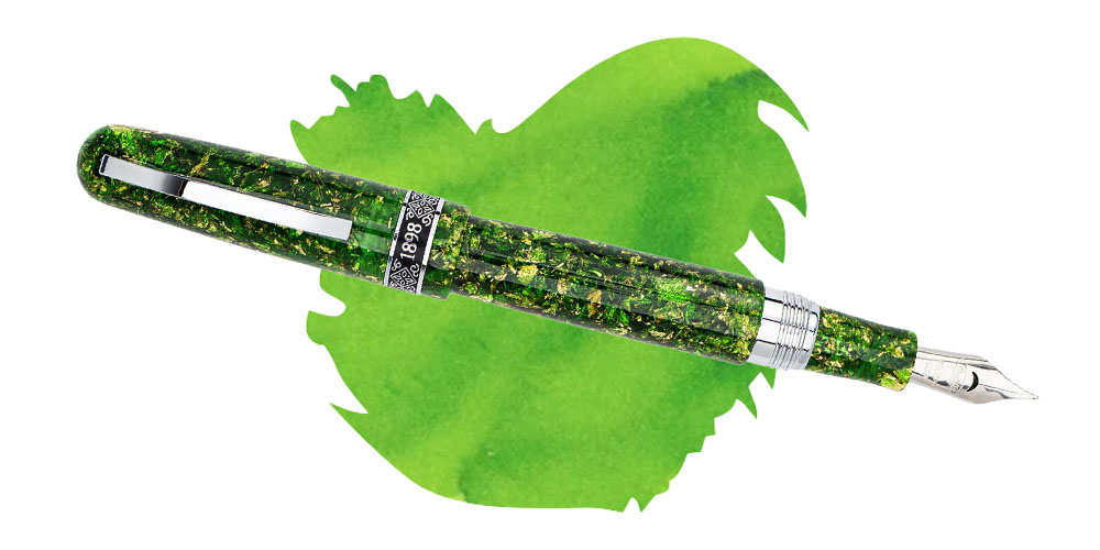 Conklin 1898 Solaris fountain pen capped over the top of the Diamine Appletini ink, a perfect pen and ink pairing.