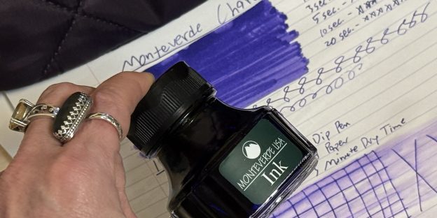 Monteverde Charoite ink review showing dark blue-purple fountain pen ink test results