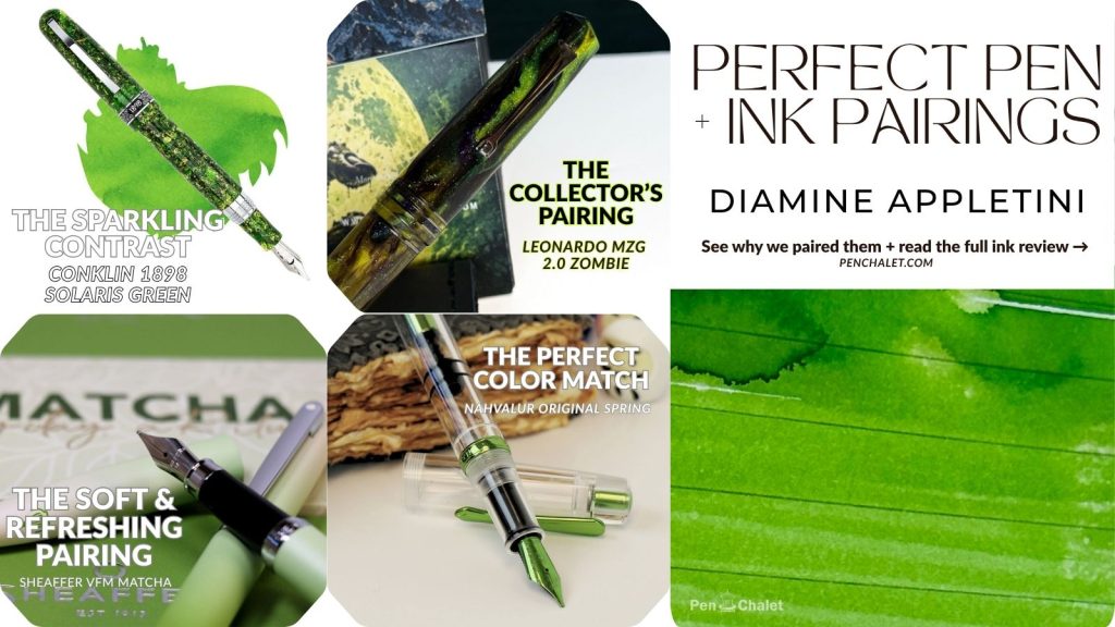 a graphic image featuring 4 fountain pens that are chosen as Perfect Pen pairings for Diamine Appletini ink.