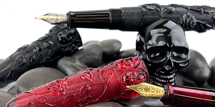benu_skull_and_roses_fountain_pens_silver_and_gold_nibs