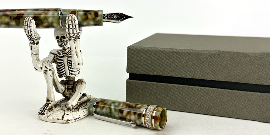 maiora_ercolano_limited_edition_fountain_pen_with_forevermore_skeleton_pen_holder
