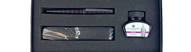 Black Purple Diplomat Gift Set with Pen Case, Bottled Ink & Elox Ring Fountain Pens